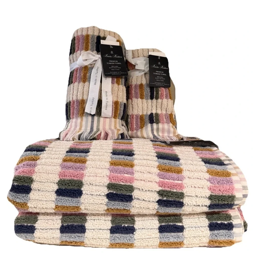 Brooks Brothers 2 Bath 2 Hand 2 Tip Towels Tiles Multicolored Mosaic 100%Cotton